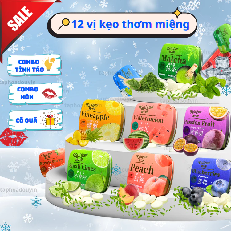 [Không Đường]Combo 12 hộp Kẹo Hôn thơm miệng Keligo trái cây mát lạnh bạc hà vị hoa quả dạng Viên Kẹo Candy