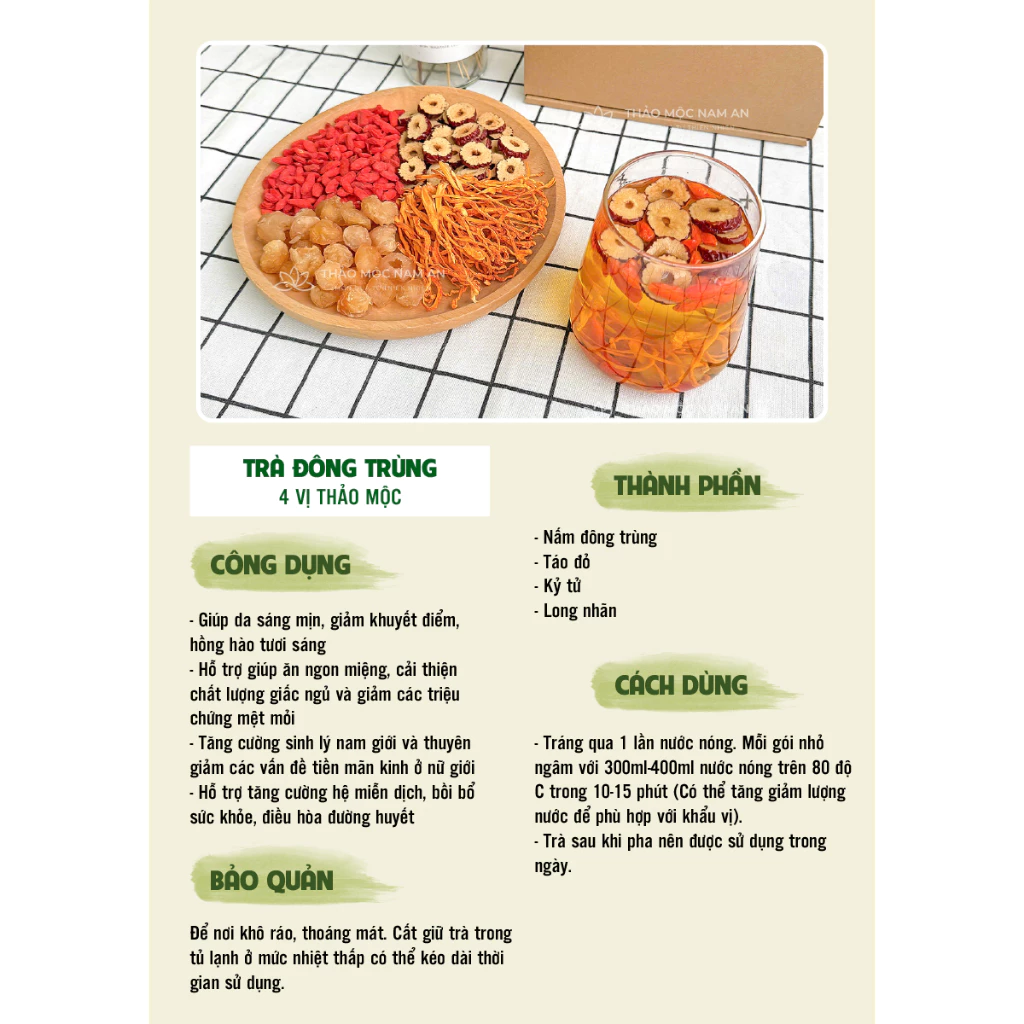 Trà Đông Trùng 4 Vị Thảo Mộc (Hộp 30 Gói) Đẹp Da, Dễ Ngủ, Chống Lão Hóa, Bồi Bổ Sức Khỏe