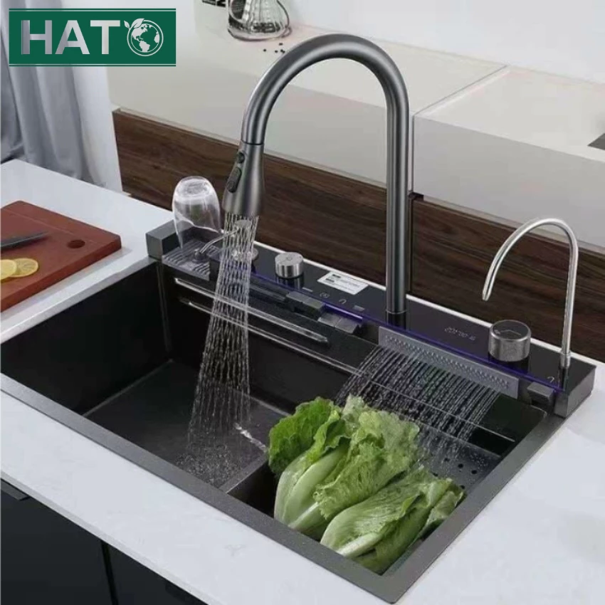 Chậu Rửa Bát 1 Hố Cao Cấp Hato Hiển Thị Nhiệt Độ, Bồn Rửa chén 1 Ngăn Lớn Kèm Vòi Lọc Nước, Thác Nước, Vòi Xịt