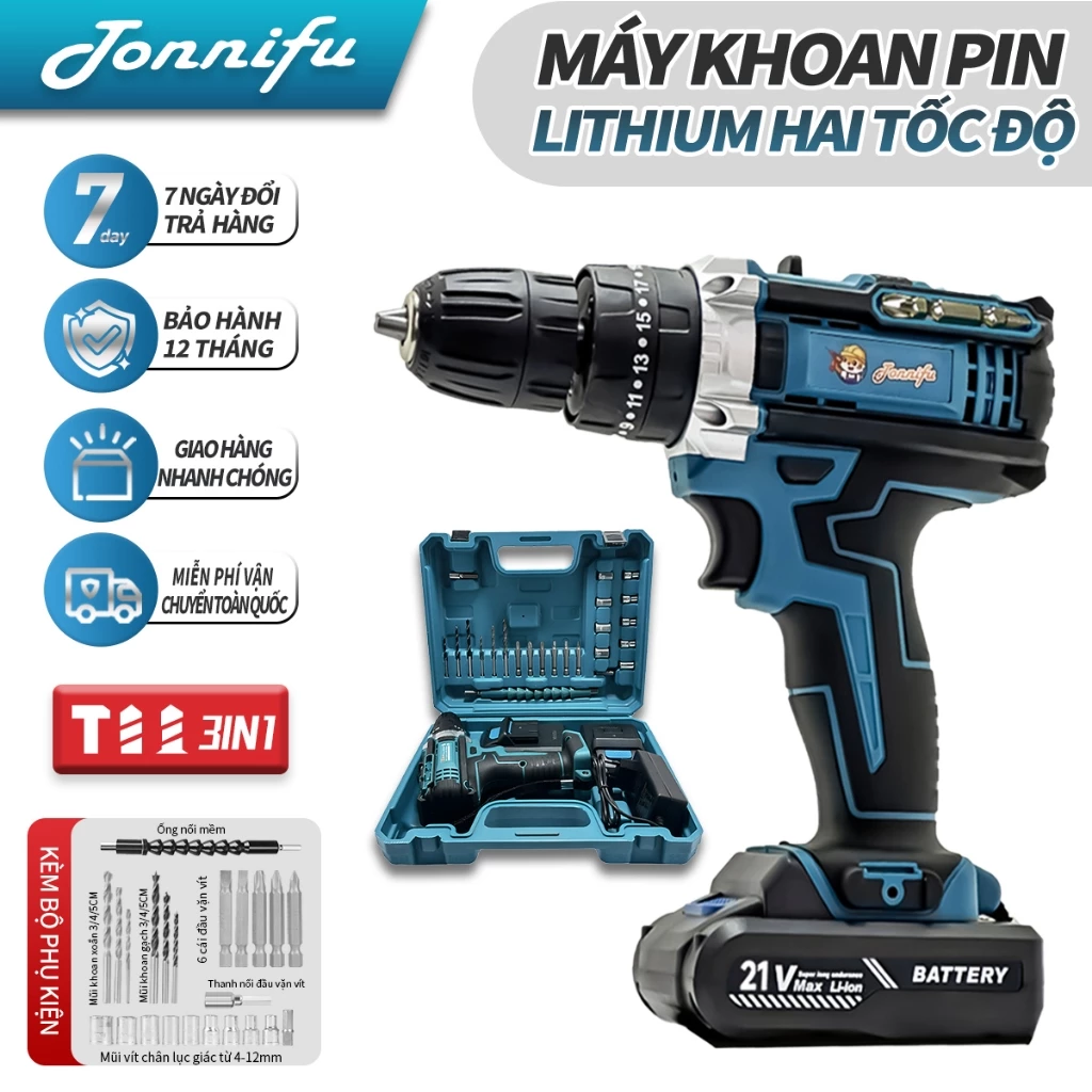 Máy khoan không dây 3 chức năng chức năng có búa, đầu kẹp 10mm, ruột đồng 100%, kèm bộ phụ kiện 24 món 531XL