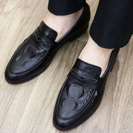 Giày tây nam công sở da mềm dập vân in cá sấu phối đai khoét trang trí, giầy da cao cấp đế cao su mềm có khâu RUNO G10