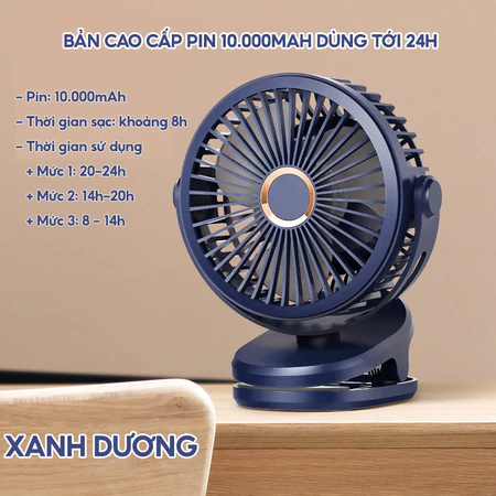 Quạt tích điện mini để bàn - Quạt kẹp bàn xoay 360 (Kèm dây