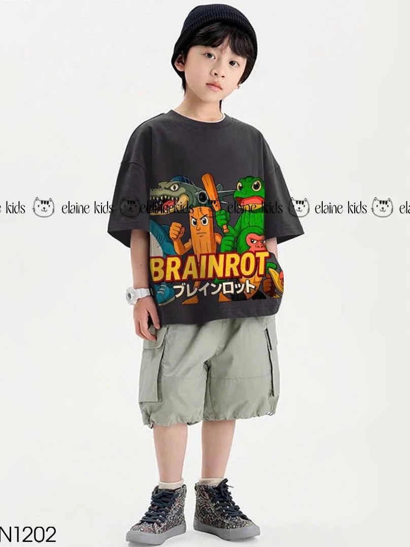 Set bộ bé trai ELAINE gồm áo cotton hình BRAIROT mix quần kaki hàng cao cấp ELN1202